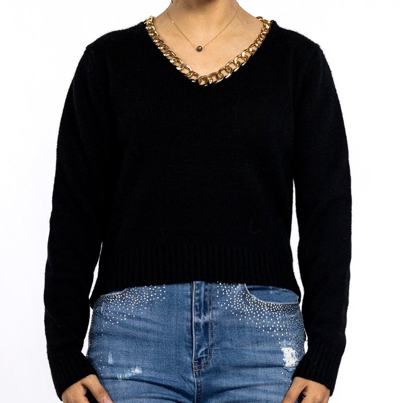 Spring V-Neck Chain Long Sleeve Black Sweater Knitted Pullover Womens Jumper – Sweaters for Women and Women Tops price