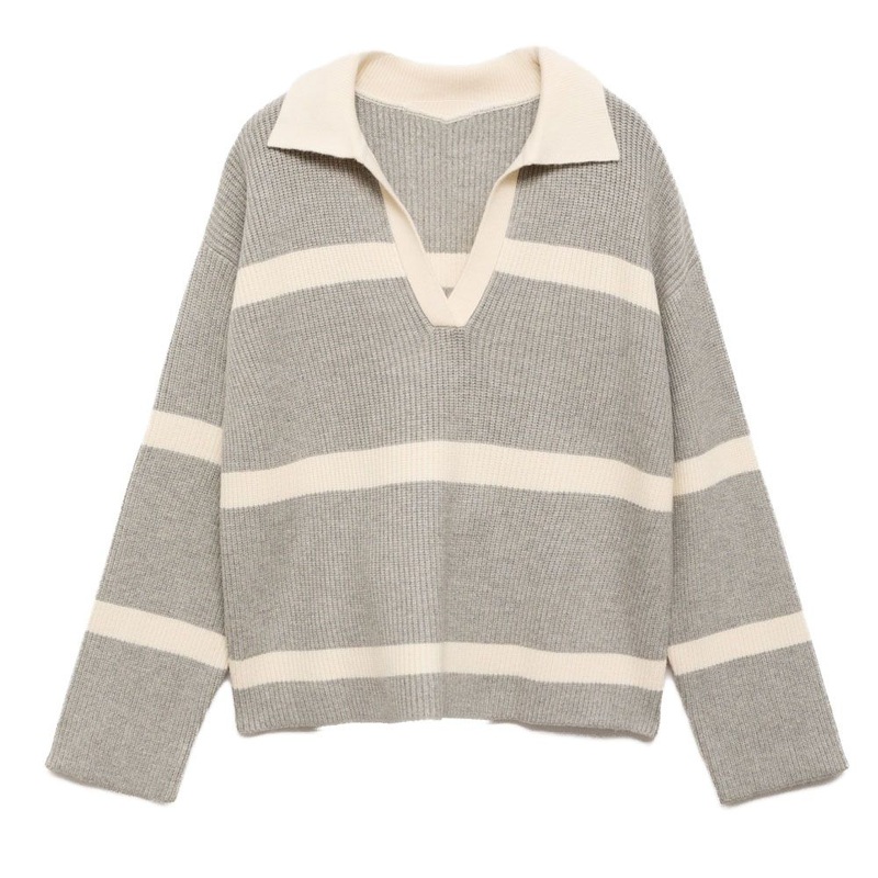 Stylish Beige Stripe Polo Collar Knit Pullover Sweater for Women – Women Sweater and Stripe Sweater price