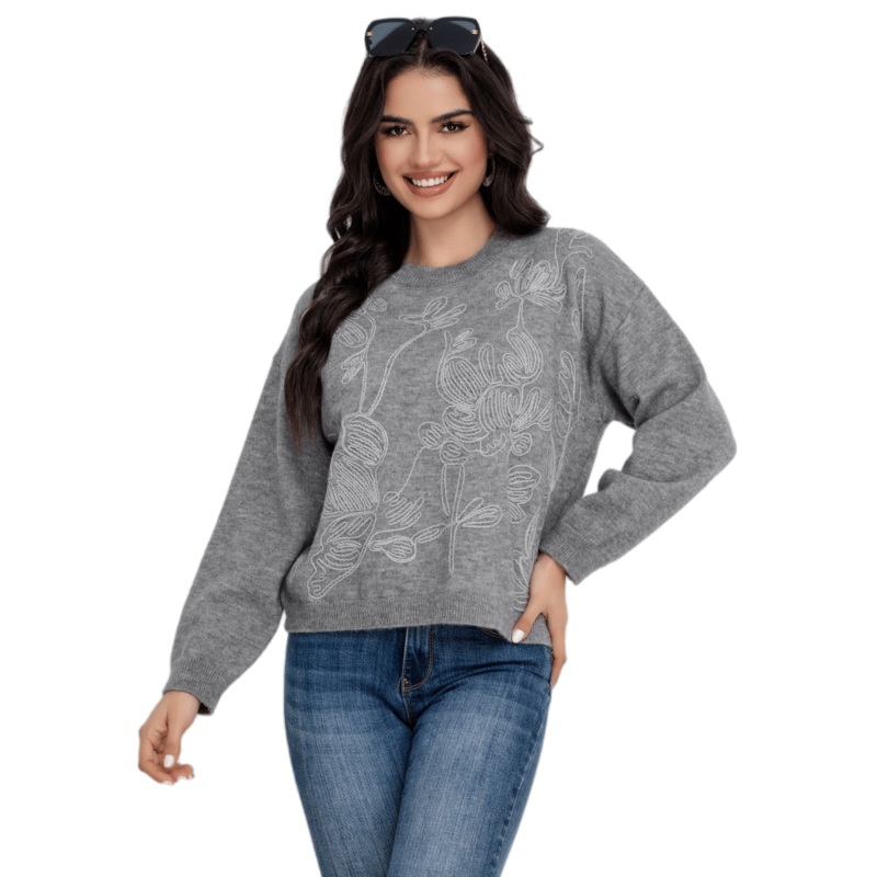 Stylish Gray Embroidery Knit Pullover Sweater for Women – Women Knit Sweater and Embroidery Women Sweater price