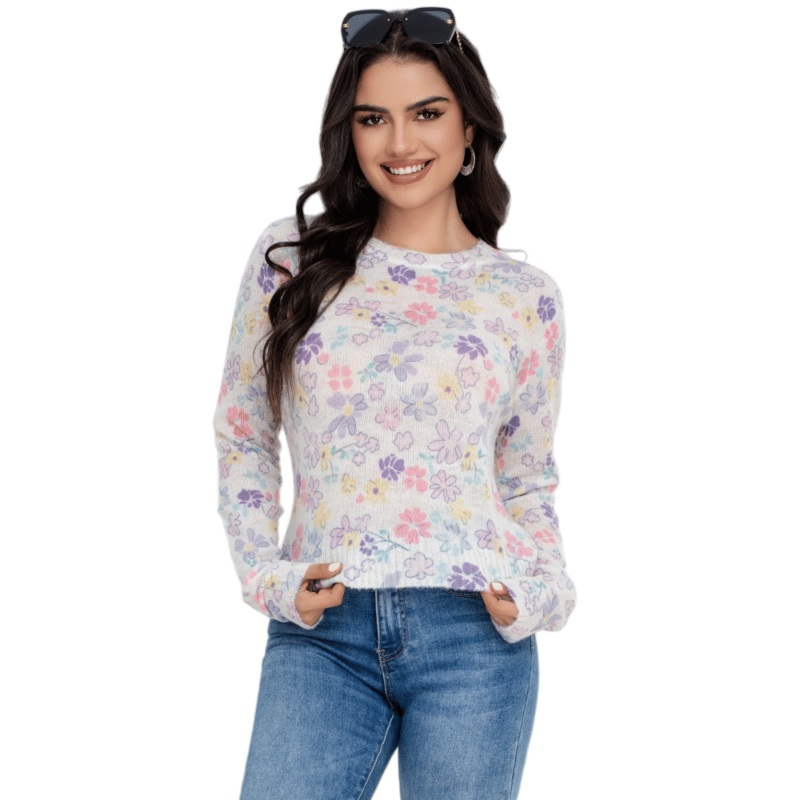 Trendy Lightweight Floral Overprint Knit Sweater for Women – Women Knit Sweater and Print Women Sweater price