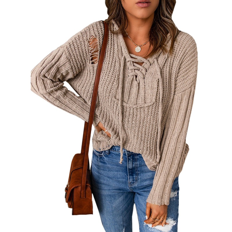 Winter Casual Long Sleeve Hooded V-Neck Women Tops Pullover Sweater – Autumn Winter Sweater and Plain Sweaters price