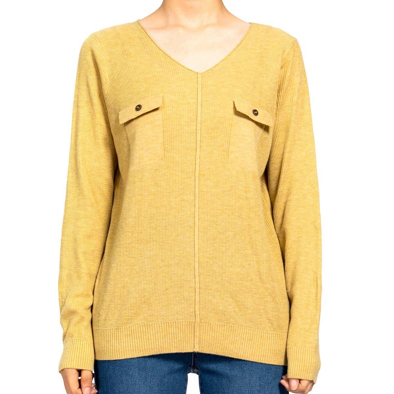Yellow Ribbed Pocket Design Knit Long Sleeve V-Neck Casual Sweater – Knitted Sweater and Fall Sweaters for Women price