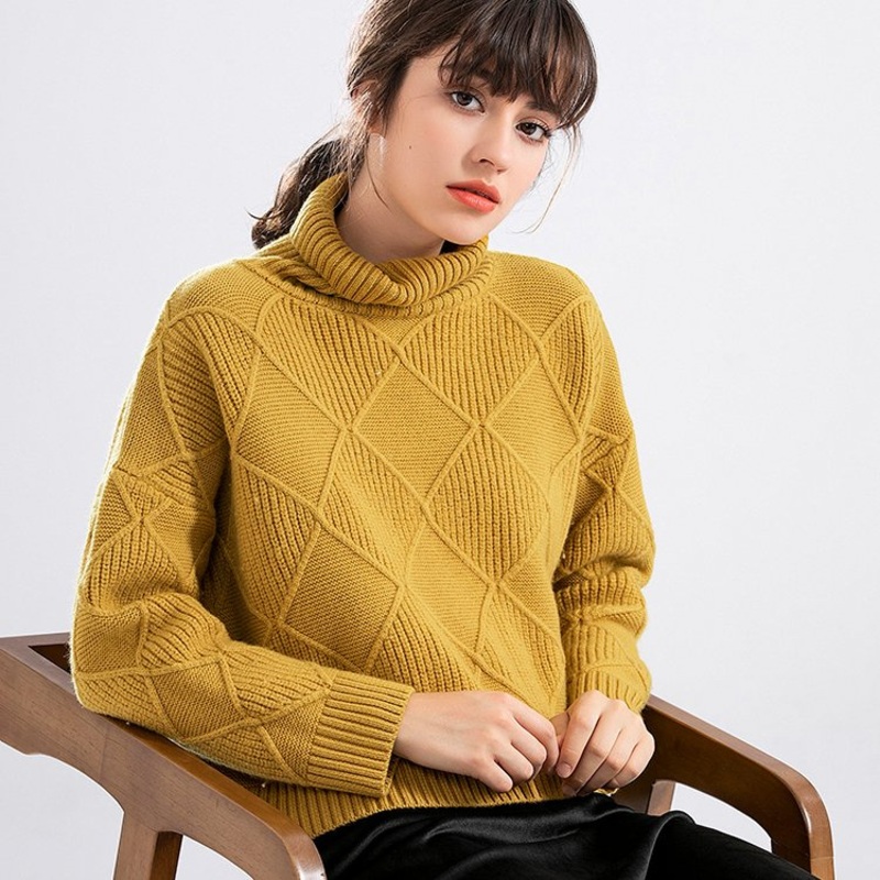 2025 Turtle Neck Thick Yellow Drop Shoulder Argyle Loose Womens Winter Sweater – Loose Sweater and Pullover Sweater price