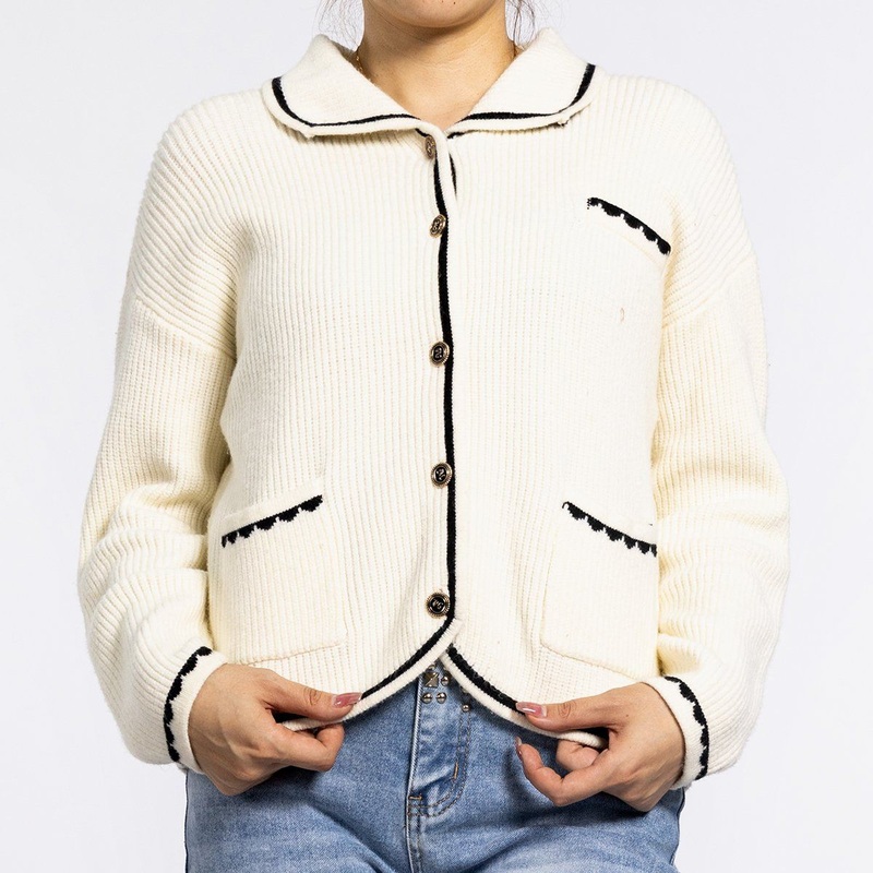 Autumn Collision Color Lapel Striped Long Sleeved Knitted Sweater White Cardigan for Women – Cardigan Sweater and Sheer Cardigan price