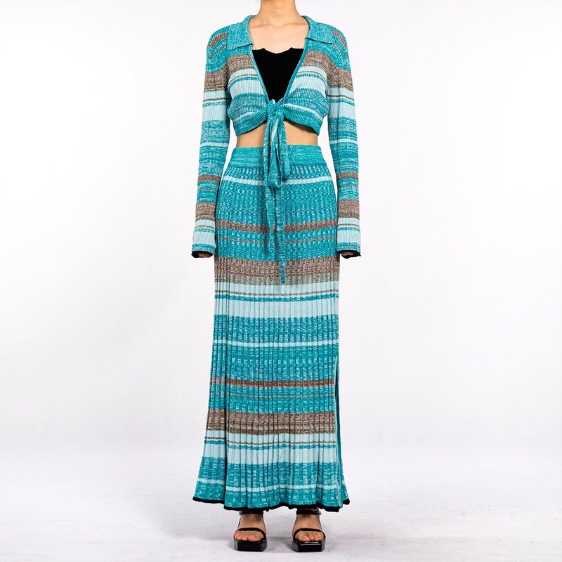 Customized Striped Tie Cardigan Sweater Halo Fishtail Skirt Knit Sets Two Piece Women – Sweater Skirt Set and Sweater Short Set price