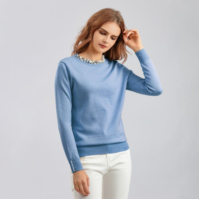 Daily Commuting Casual Beaded Pullover Round Neck Long Sleeve Knitted Sweater for Women – Autumn and Winter Apparel and Niche Design Clothes price
