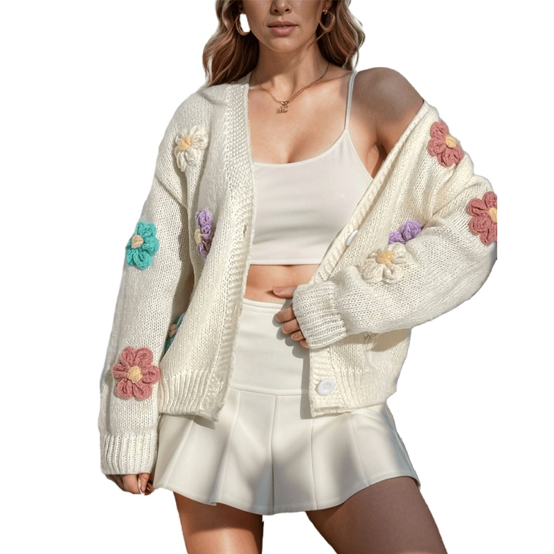 Flower Pattern Button Knit Cardigan Cute Long Sleeve Women Sweater – Women Sweater and Knit Cardigan price