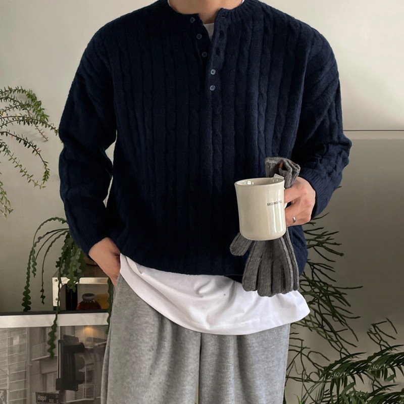 Korean Trend Loose Knit Fried Dough Twists Pullover Sweater Men Winter Is Lazy and Warm Sweater – Lazy and Warm Sweater and V Neck Pullover price