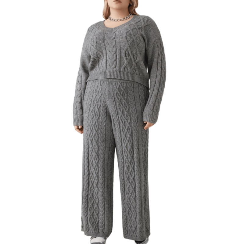 Stylish Womens Grey Cable Knit Sweater and Pants Outfit – Womens Knit Sweater Set and Cable Knit Sweater Set price
