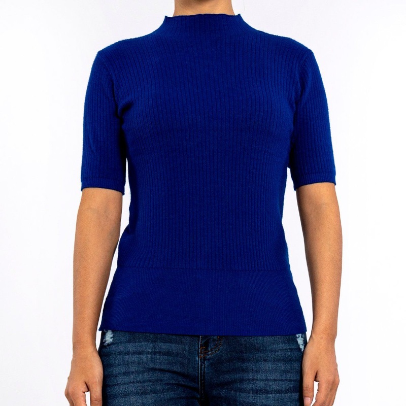 Summer Custom Wholesale Fall Ladies Knit Clothing Spring Apparel Casual Round Neck Slim Pullover Klein Blue Short Sleeve Fashion Ribbed Women Sweater – Womens Sweatshirt and Knit Top price