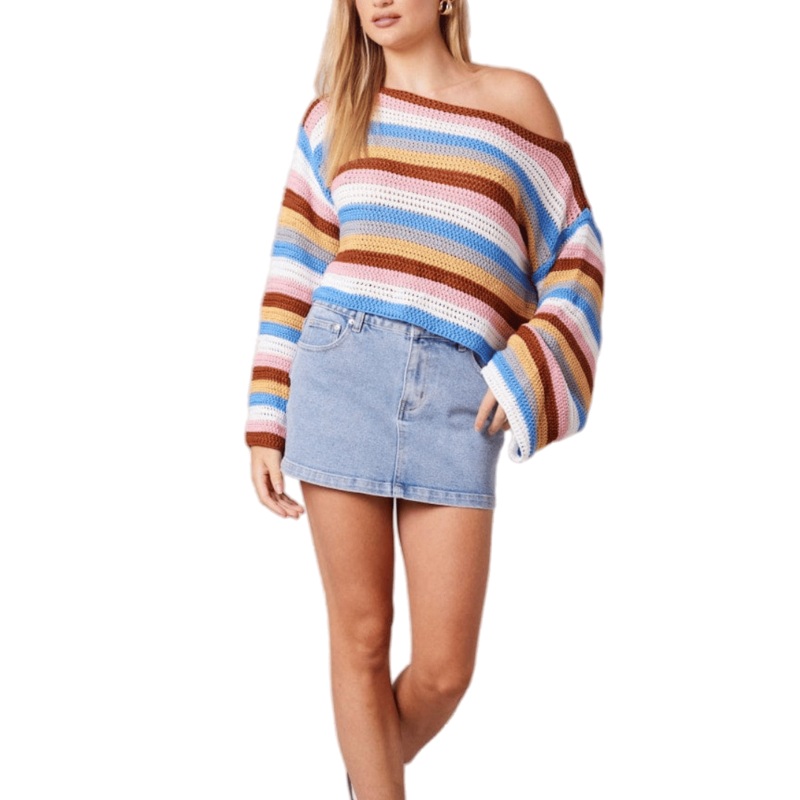 Vibrant Multi-Color Striped Drop Shoulder Crochet Knit Sweater for Women – Women Clothes and Crochet Knit Sweater price