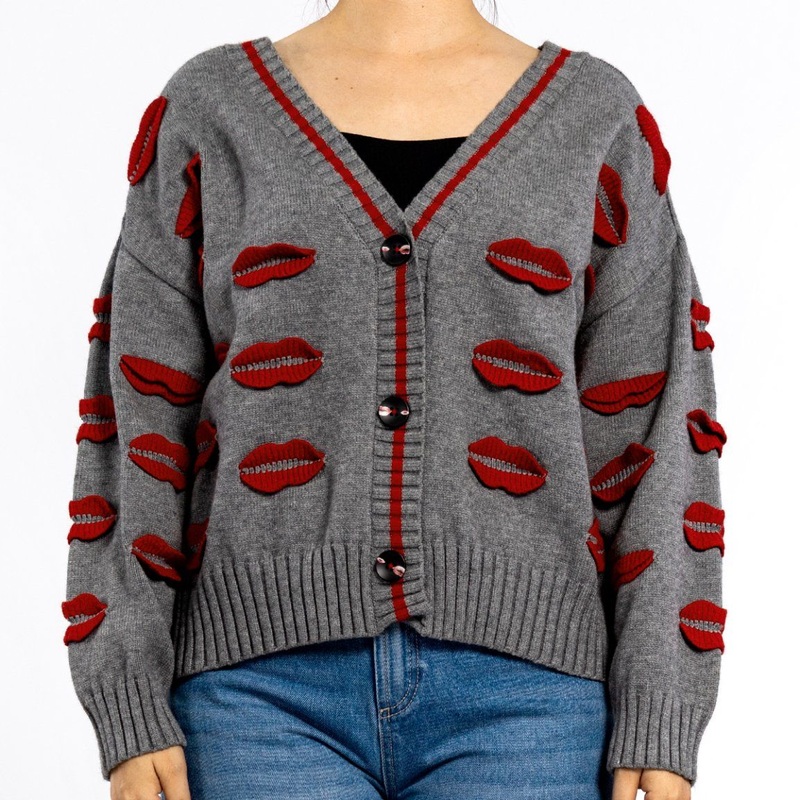 Winter Knitted V-Neck Three-Dimensional Hand Crocheted Embroidered Lips Cardigan for Women – Women Cardigan and Knitting Cardigan price