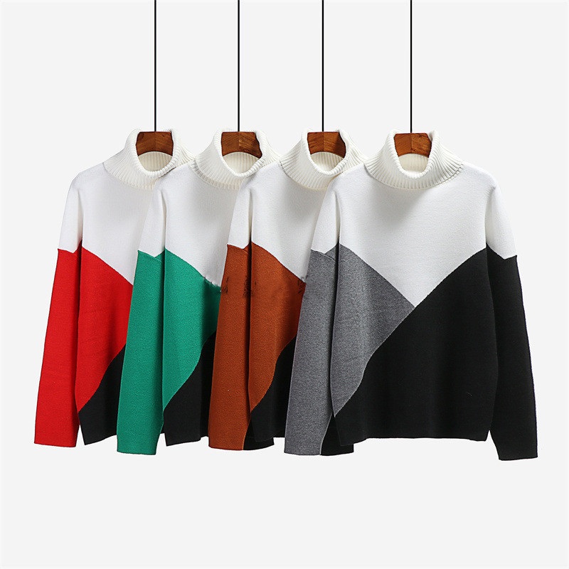 Winter Women Turtleneck Knitwear Stitching Color Knit Pullover Sweater – Womens Knitted Winter Sweater and Sweater Tops for Ladies price