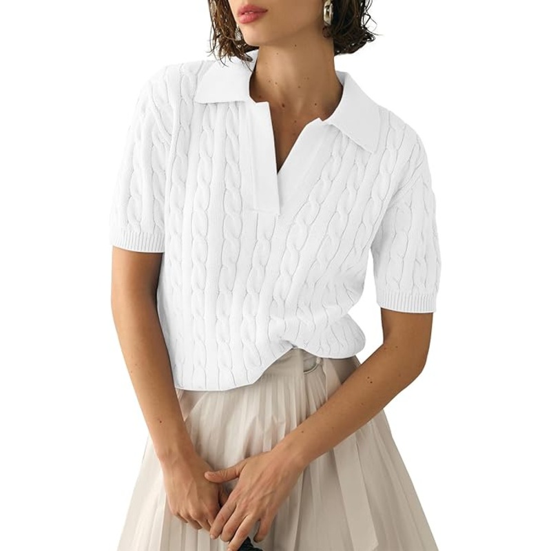 Women Cable Short Sleeve Sweaters Tops Solid Lapel V Neck Knit Casual Pullover Shirt – Casual Pullover Shirt and Knit Casual Pullover price