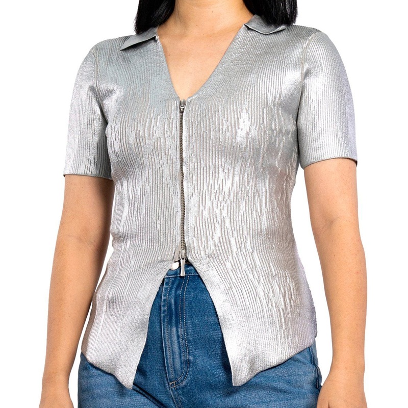 Women Lapel Short Sleeve T-Shirt Summer Irregular Split Zipper Knit Top – Women T Shirts and Shirts for Women price