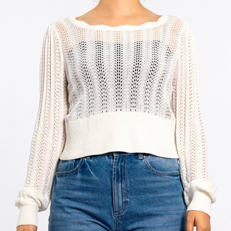 Women Spring Summer Knitted Round Neck Hollow Wave Collar Edge Short White Sweater Pullover – Knit Top and Women Sweater price