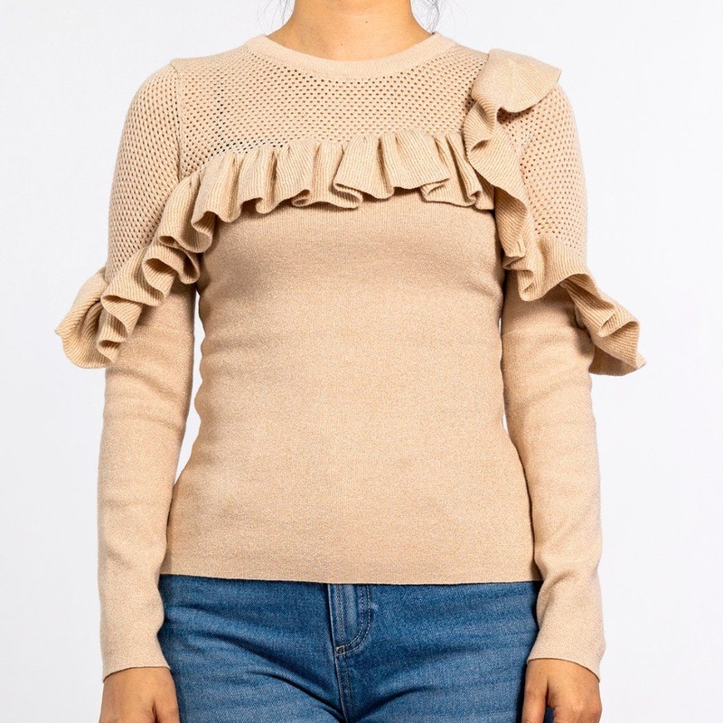 Womens Round Neck Hollow Ruffle Edge Long-Sleeved Apricot Knit Sweater Pullover – Women Sweater and Ladies Sweater price
