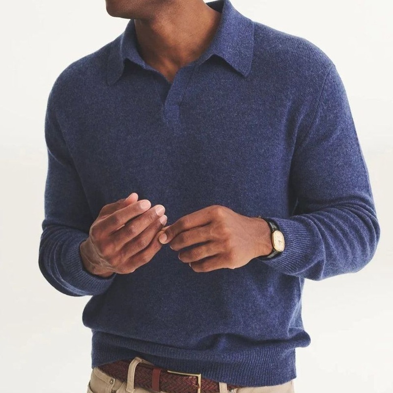 Wool Cashmere Blends Mens Without Button Polo Blue Denim Pullover Polo Sweater – Sweater and Cashmere price|M