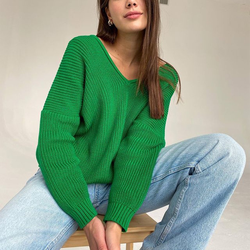2022 Fashion Winter Casual Long Sleeve V-Neck Women Pullover Sweater – Plain Sweaters and Wholesale Sweater Women price