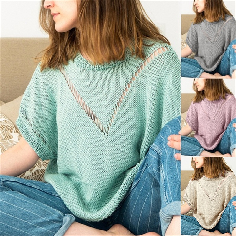 Casual Short Sleeve Loose Hollow Women Pullover Knit Sweater – Design Sweater and Plain Sweaters price