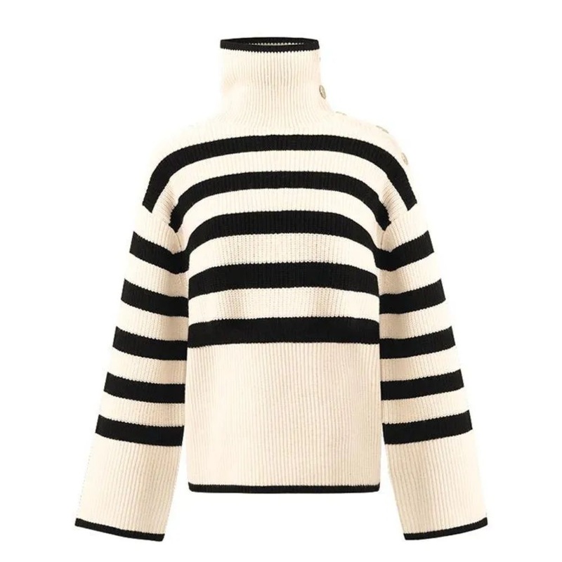Chic Button-Shoulder Knit Sweater in Stripes for Women – Stripe Women Sweater and Button-Shoulder Sweater price