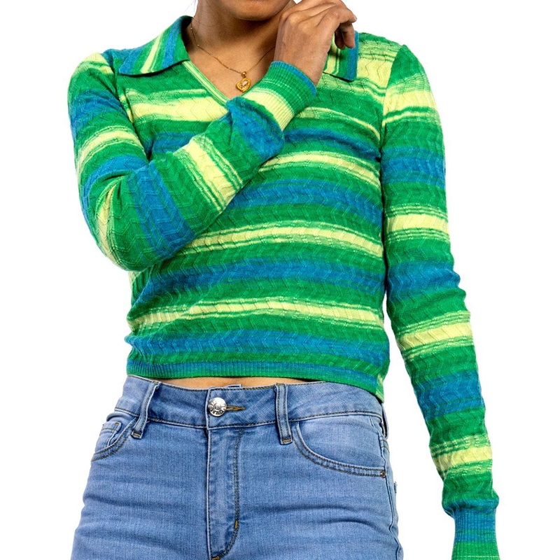 Custom Collar Down Ribbed Hem Colorful Printed V Neck Long Sleeve Women Sweater – Sweatshirts and Sweater price