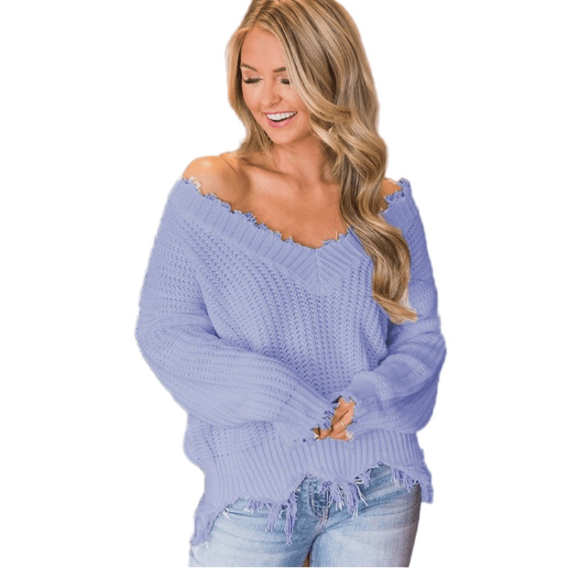 Deep V Neck Sweater Irregular Tassel Pullover Women Knitted Sweater – Knitted Sweater and Pullover Knitted Sweater price