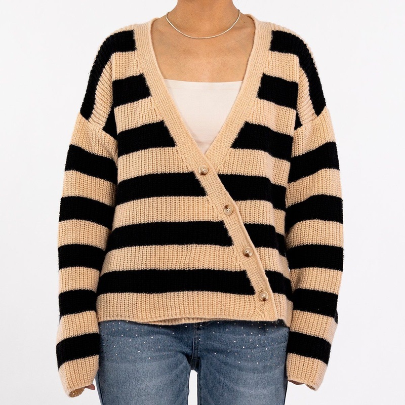 Fall Irregular Design Crooked Cardigan V-Neck Long Sleeve Striped Sweater for Women – Women Sweater and Ladies Cardigan price
