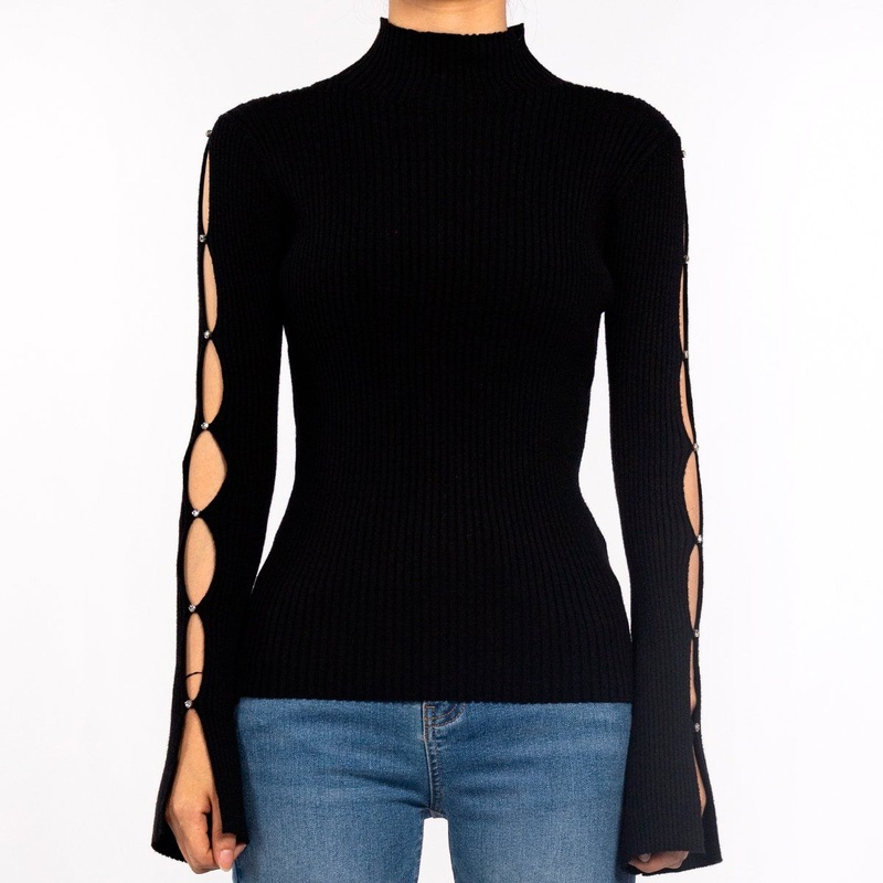New Black Ribbed Deconstructed Cutout Design Knit Top Womens Turtleneck Sweater – Cropped Sweater and Cotton Sweaters price