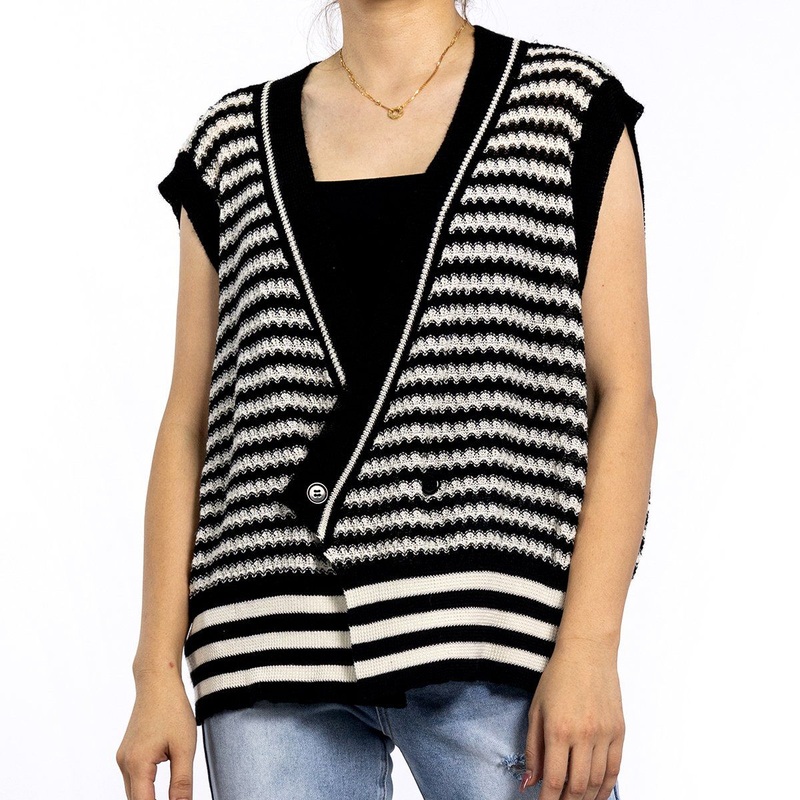 Spring and Summer Black White Striped Sleeveless Knitted Sweater Vest – Vest for Women and Sweater Vest price