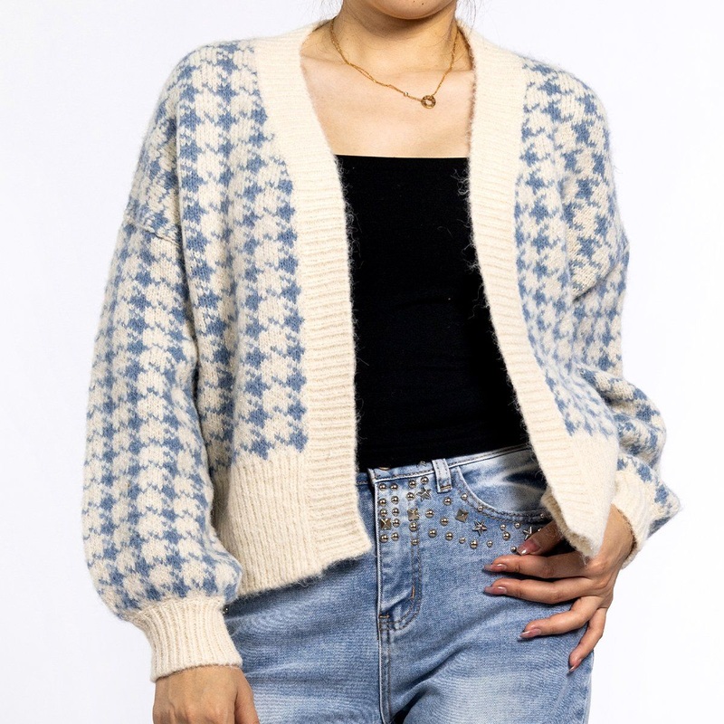 Spring Thousand Bird Check V Neck Long Sleeved Blue Sweater Cardigan for Women – Sweater for Women and Ladies Sweater price