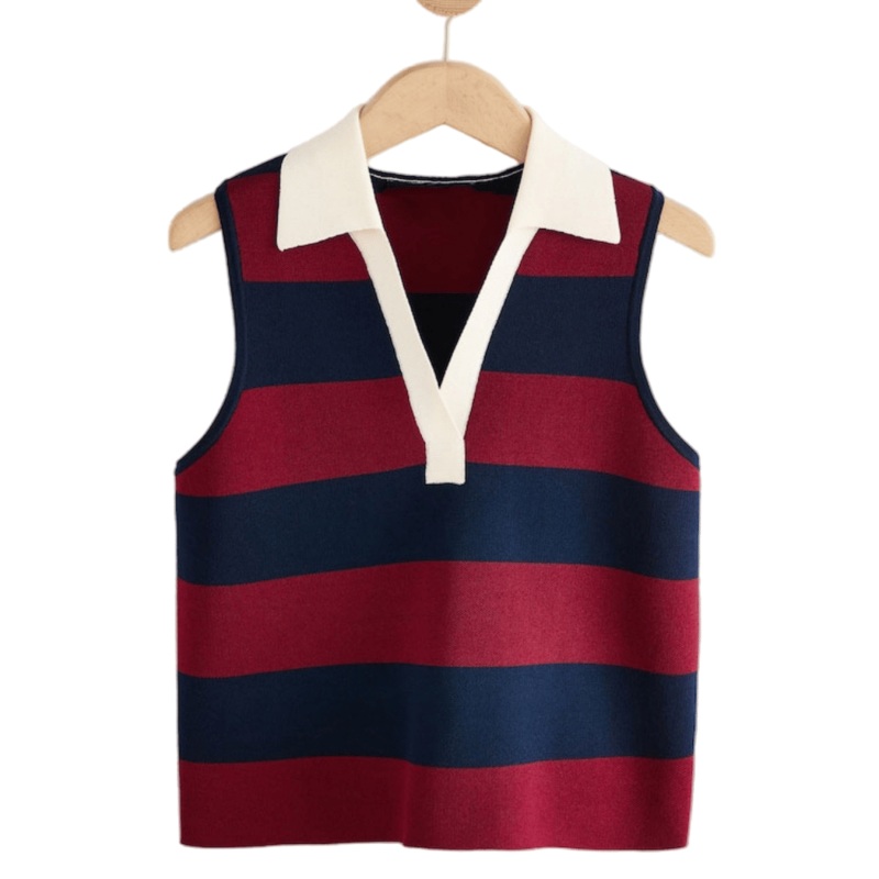 Stylish Navy and Burgundy Stripe Knit Polo Tank Top for Summer – Women Sweater Tank and Stripe Summer Tank Sweater price