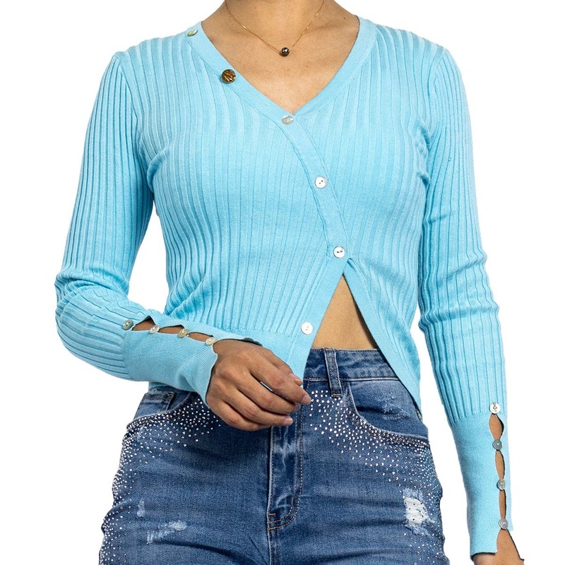 Summer Short Blue V Neck Button Crop Sweaterr Long Sleeve Sweater for Women – Ladies Sweater and Crop Sweater price