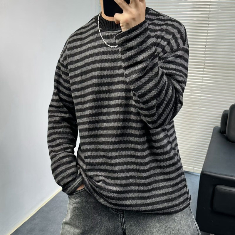 Teen Winter American Retro Lazy Style Loose Casual Color Blocked Striped Round Neck Knitted Sweater Pullover Sweater for Men – Round Neck Knitted Sweater and V Neck Pullover price