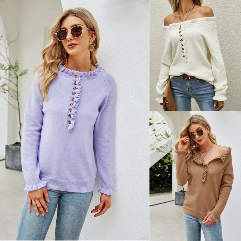 Wholesale Winter Casual Long Sleeve Button Women Pullover Sweater – Plain Sweaters and Pullover Sweater price