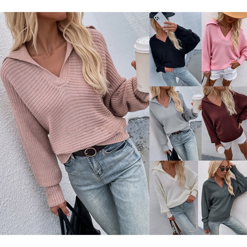 Women Custom Loose V Neck Solid Knit Pullover Sweater – Solid Sweaters and Women Fall Sweaters price