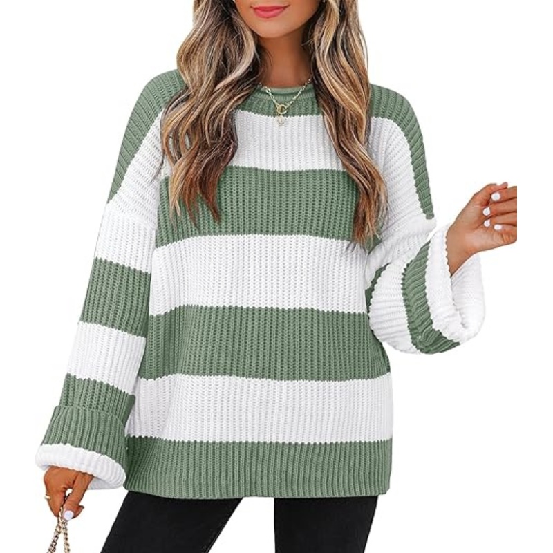 Women Long Sleeve Crew Neck Striped Color Block Knitted Pullover Sweater – Striped Color Block Knitted Sweater and Knit Pullover Sweater price
