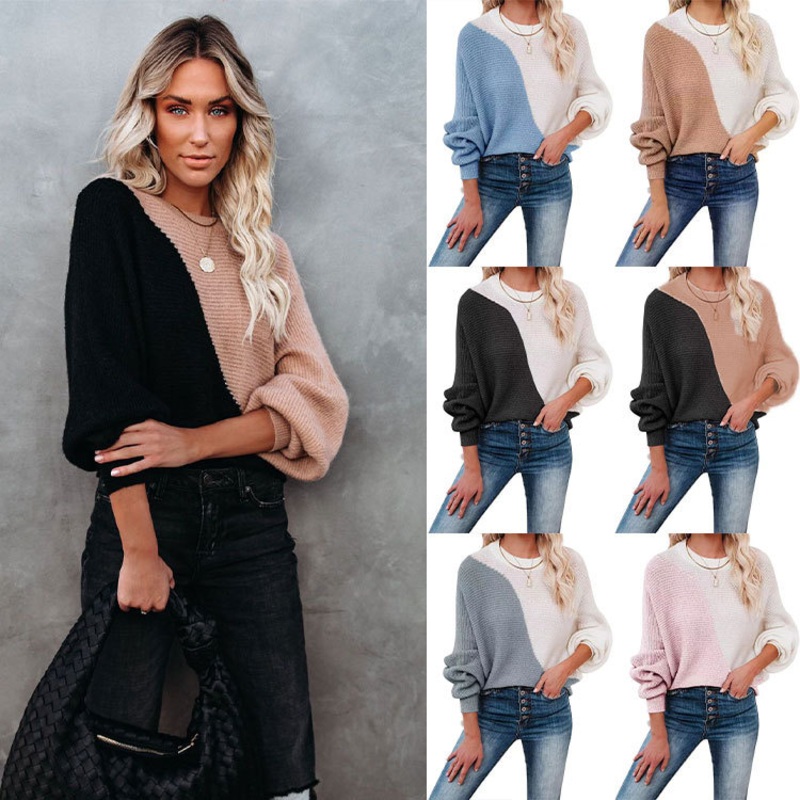 Women Spring Autumn Stitching Color Loose Knit Pullover Sweater – Sweaters Women Tops and Women Fall Sweaters price