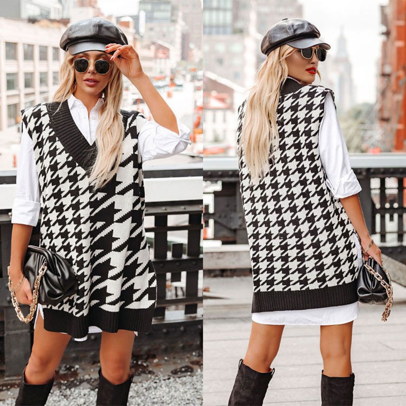 Women V-Neck Casual Knit Grid Sleeveless Vest Pullover Sweater – Knit Sweater Top and Women Sleeveless Sweater price