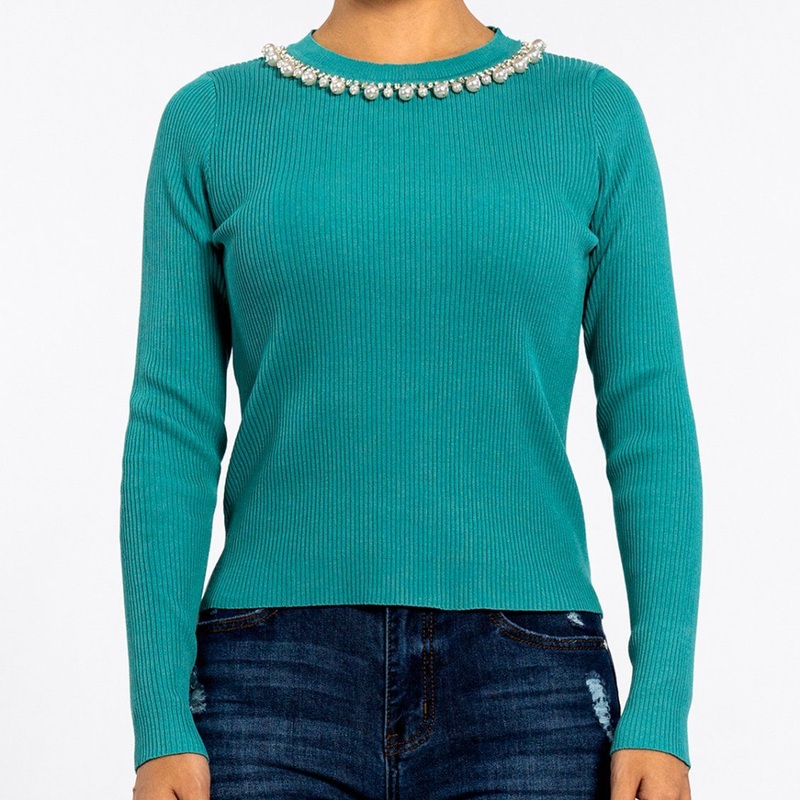 Womens Round Neck Pearl Decorative Collar Bottoming Knit Tops Green Sweater Pullover – Women Sweater and Pullover Sweater price