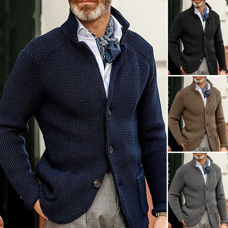Autumn Winter Men Solid Stand Collar Knitted Sweater Cardigan – Cardigan Knitwear and Plus Size Mens Sweaters price