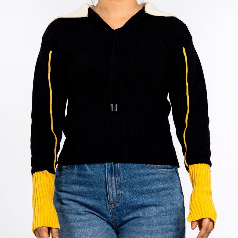 Black Patchwork Texture V-Neck Long Sleeve Pullover Cute Sweater Knitted Women Tops – Hoodies Sweatshirt and Women Sweater price