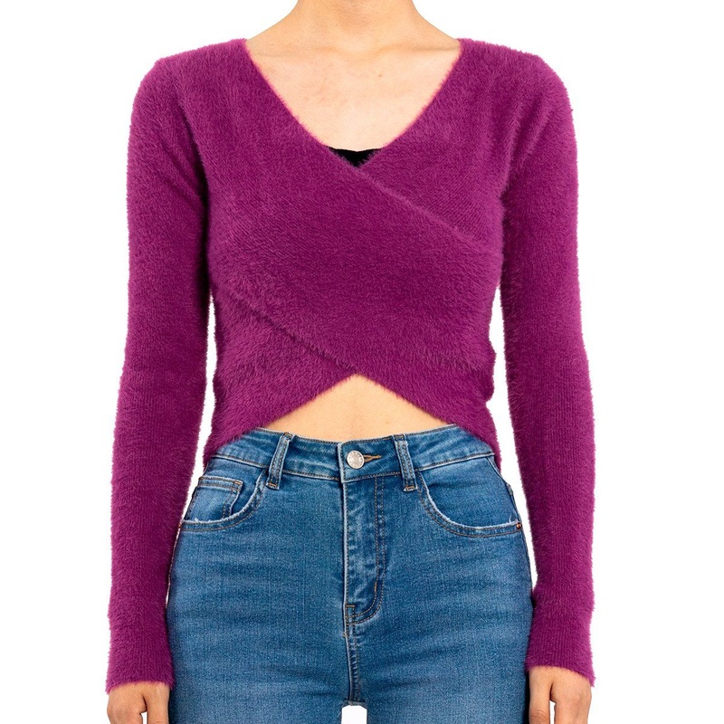 Custom Mink Fur Slimming V-Neck Crossover Knit Women Crop Sweater – Women Shirt and Corp Top price