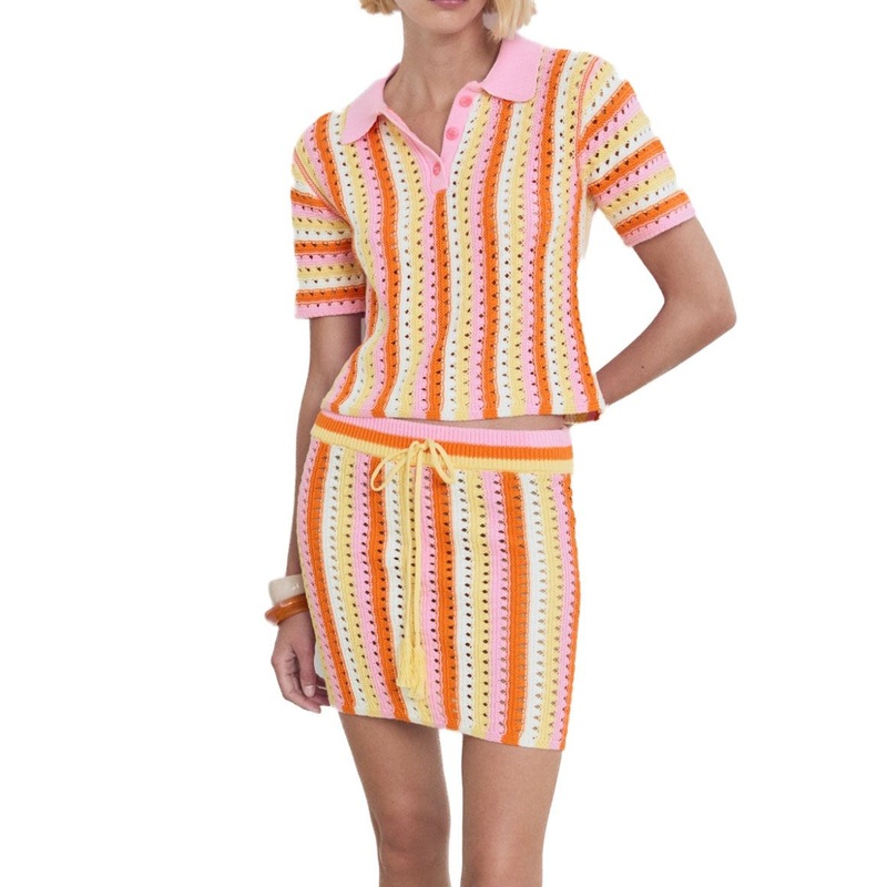 Fashion Two-Piece Knit Polo and Crochet Skirt Set for Women – Womens Clothes and Knit Sweater Set price