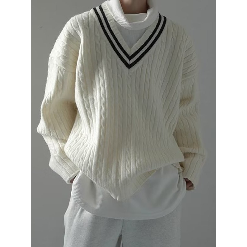Japanese College Style V-Neck Fried Dough Twists Sweater Mens Retro Lazy Style Loose Soft Waxy Pullover Sweater – Waxy Pullover Sweater and V Neck Pullover price