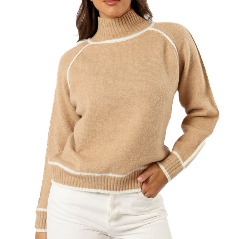 Khaki Knit Mock Neck Pullover Sweater with Stripe – Women Sweater and Knitted Sweater price
