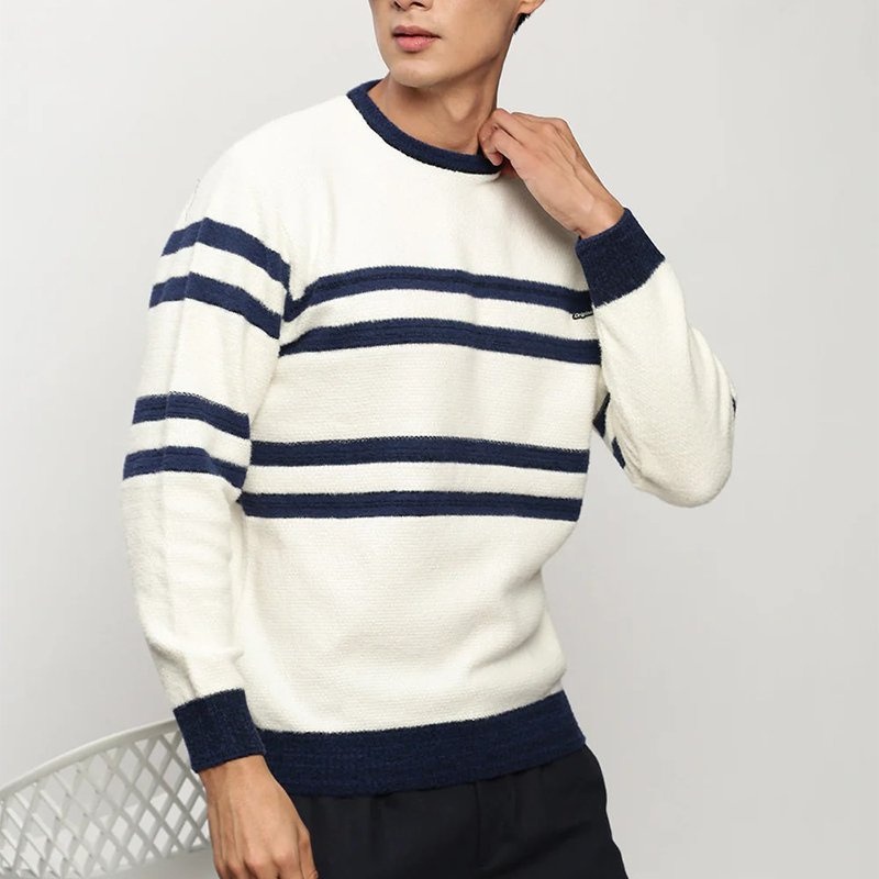 Mens Cream White Striped Acrylic Pullover Spring Autumn Crew Neck Sweater – Mens Knitted Pullover and Cream White Pullover price