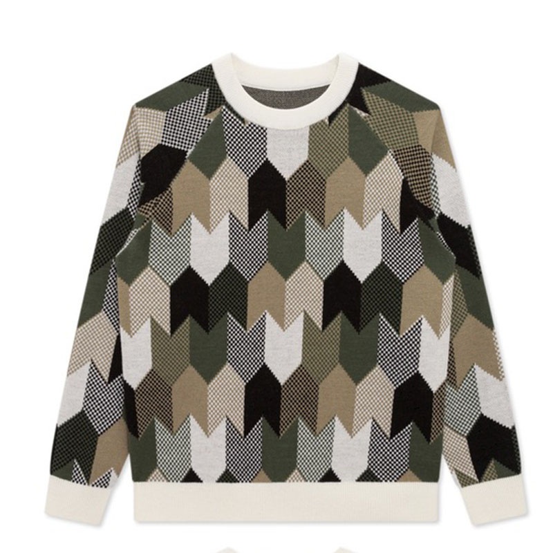 Mens Shaped Block Pattern Round Neck Long Sleeve Jacquard Pullover – Sweater and Men Sweater price
