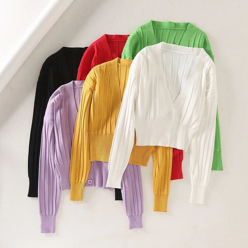 Spring Autumn V-Neck Women Button Crop Top Knitted Sweater Cardigan – Knit Cardigan and Women Fall Sweaters price