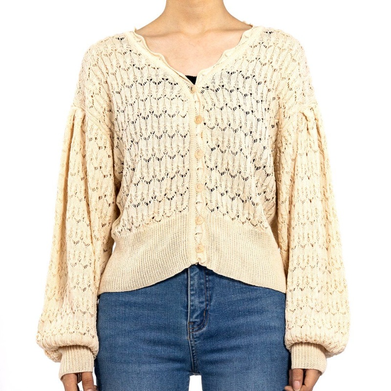 Spring Summer Light Wooden Earring Neck Hollow out Long Sleeve Knit Cardigan Women – Women Sweaters and Light Cardigan price